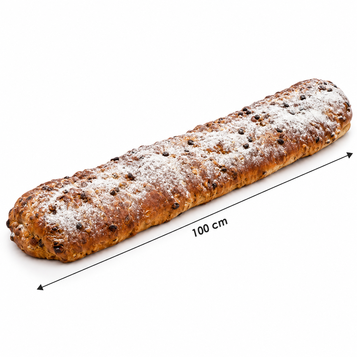 Hele kerststol van 100 cm met rozijnen, poedersuiker en maatlijn