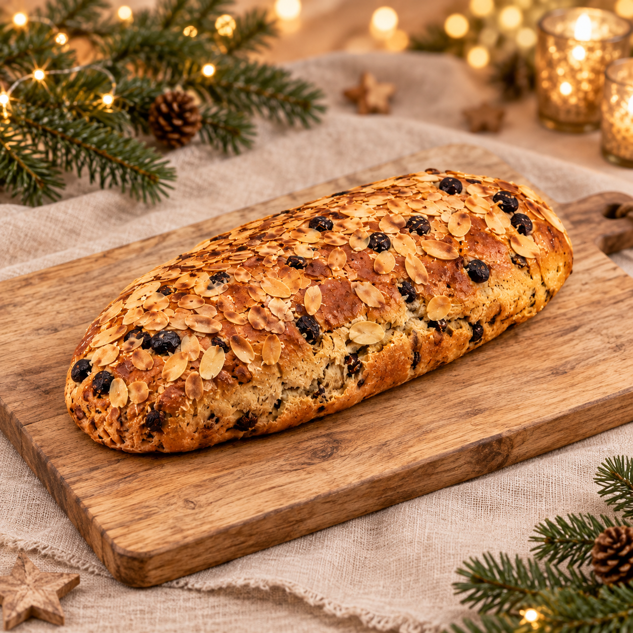 Hele kerststol op een houten plank, met dennengroen en warm kaarslicht